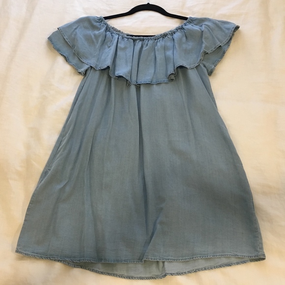 Zara Ruffled Off-the-shoulder Chambray Mini Dress - Picture 2 of 8